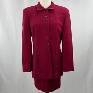 Vintage 90s Francess & Rita Red Wool Skirt Suit Set Blazer Pencil USA 10P